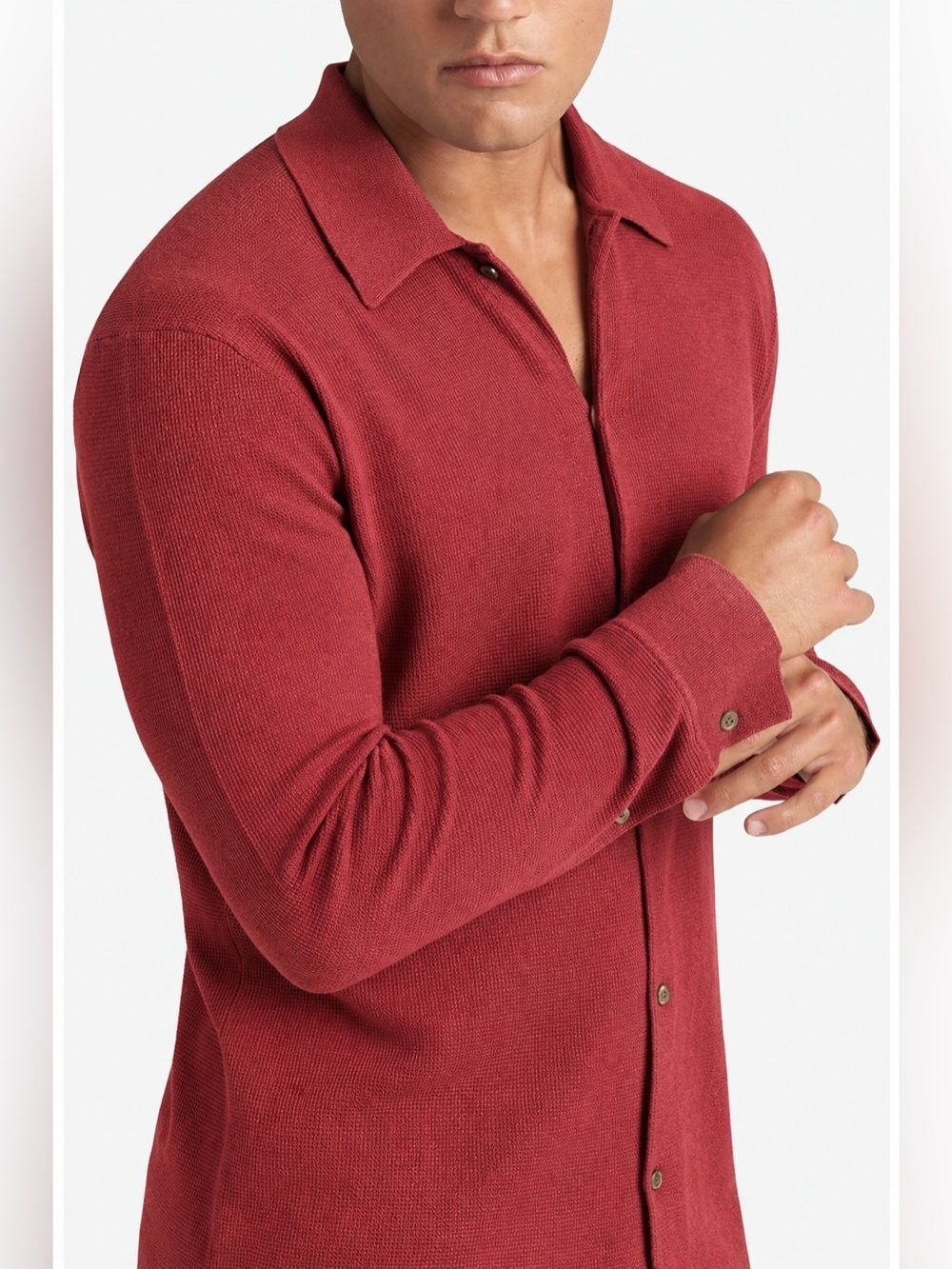 Goodlife Mini Waffle Long Button-Up Shirt in Marsala L NWT